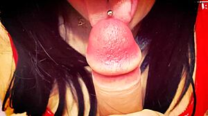 Close-up of a girl giving a morning blowjob