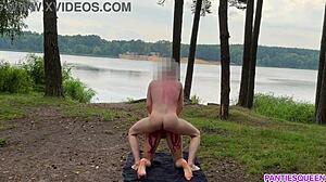 Public cowgirl ride by a naked blonde with cum load