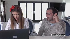 Feeling the intense pleasure as I fill her tight ass on the couch