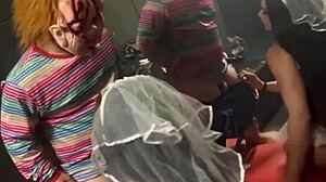 On Halloween, Chucky visits the bride in the swing house for sweets and mischief