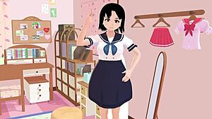 mia anime school girl poses in gravure style in her room wearing sailor school uniform