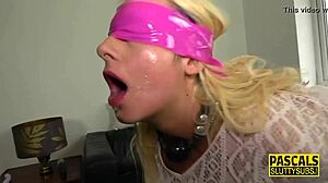 bound and blindfolded, i get my submissive throat deepthroated in bdsm.