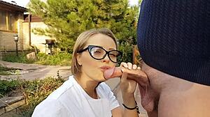 She sucks big mushroomhead cock and begs for cum on beautiful face