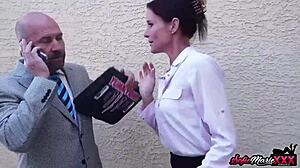 real estate agent sofie marie shows property to customer in stockings and heels.