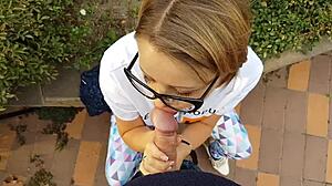 She sucks big mushroomhead cock and begs for cum on beautiful face