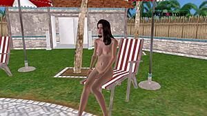 3D cartoon of a girl posing and showering near pool