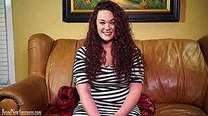 teen redhead shows off skills on casting couch with solo play