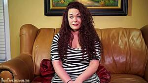 teen redhead shows off skills on casting couch with solo play