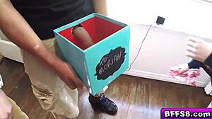 Naughty teen 18+ babe receives surprise monster cock in a box for group hardcore facial and blowjob.