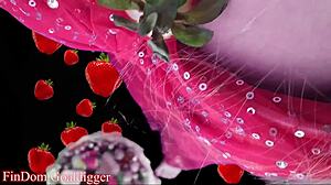 Financial dominatrix in glasses masturbates with food fetish domination