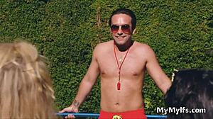 Three womanizing pool attendants satisfy their desires with three slutty women