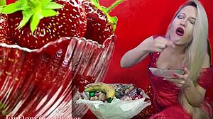 Financial dominatrix in glasses masturbates with food fetish domination