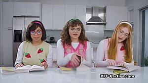 Nerdy girlfriends have fun at a book club with dancing and sex