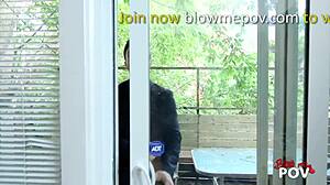 redhead babe sucks two juicy cocks in pov