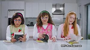 Nerdy girlfriends have fun at a book club with dancing and sex