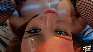 Redheaded minx in lingerie moans joyfully while her man stretches out her tight pink butthole 😍