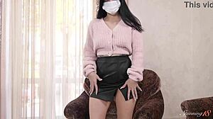 Sexy brunette Sofi Li rubs her tight nub with desperate need, wow!