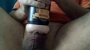 White boy masturbates his fat uncut cock with pocket pussy moans and cums inside toy
