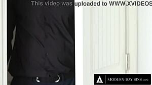 horny housekeeper masturbates shaved pussy to get caught by boss