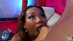 Tight brunette boldly prepares for anal with intense mouth pummeling and toy railing