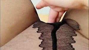 Amateur teen achieves orgasm through pantyhose in public solo masturbation with squirting and cum