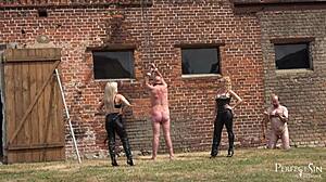Keep quiet or else! Miss Suzanna Maxwell and Miss Courtney dominate talkative slave with deepthroat.