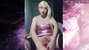 Shemale in glitter pink top jerks big dick solo by Selena Sister