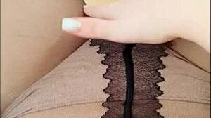 Amateur teen achieves orgasm through pantyhose in public solo masturbation with squirting and cum