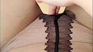 Amateur teen achieves orgasm through pantyhose in public solo masturbation with squirting and cum