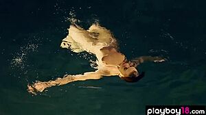 Redhead Britt Linn strips and goes for a solo swim