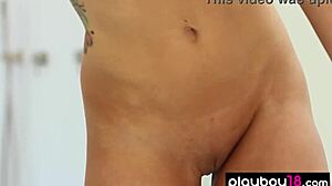 bubble covered big boobed blondie jessie ann strips in bath revealing petite 18+ body