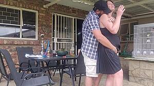 Neighbour's Wife Fucked Outdoors in Upskirt While He's Away