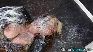 Euro slut teases through gloryhole with messy bukkake and cumshots