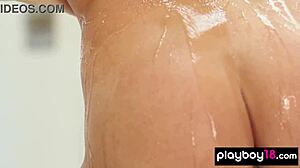 bubble covered big boobed blondie jessie ann strips in bath revealing petite 18+ body