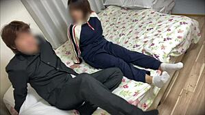 Innocent girlfriend in jersey gives footjob and blowjob after school