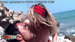 Skinny French Brunette Slut Gets Rocked Hard with Handjob on Beach