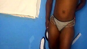 Tight ebony pussy masturbation with standing position show