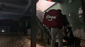 young girl in towel gets pizza delivery and facial cumshot