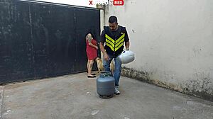 young girl in towel gets pizza delivery and facial cumshot