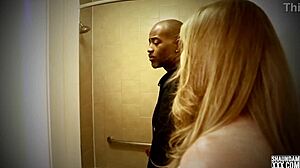 blonde babe deepthroats monster cock in shower doggystyle