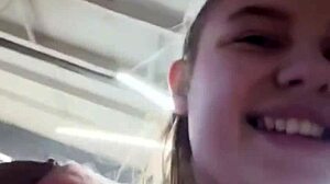 Hardcore anal pounding and massive squirting in public changing room scene.