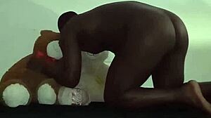 Enjoying a threesome with brown and caucasian furry toy bears during foreplay and massage