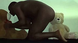 Enjoying a threesome with brown and caucasian furry toy bears during foreplay and massage