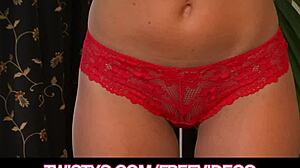 blonde bombshell teases out of lace panties for fun