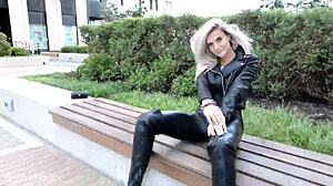 Russian blonde in full leather teasing with ass licking and heels