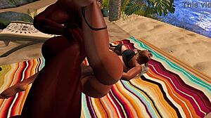 3D hardcore scene with an ebony bull and an Asian cutie on the beach