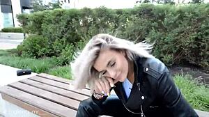 Russian blonde in full leather teasing with ass licking and heels