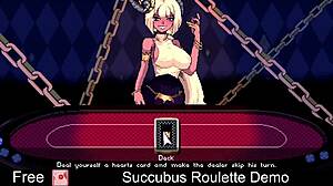 A demo of a card game called Succubus Roulette with anime-style artwork and adult content