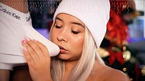 Latina babe sucks horny cock through underwear