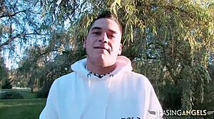 Girl in park takes cash for wild sofa action